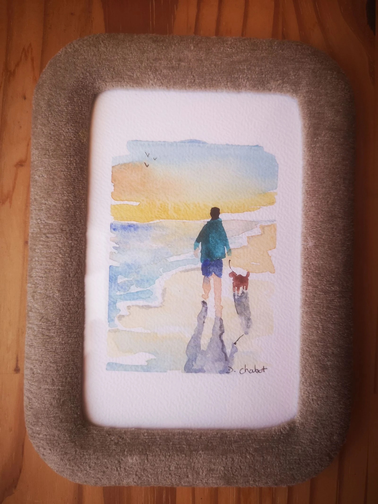 Aquarelle peinte à la main et son cadre peluche "promenade à la mer"  – photo 4